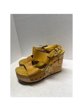 Art Company Yellow Leather Floral Wedge Sandals Made in Spain Size 41